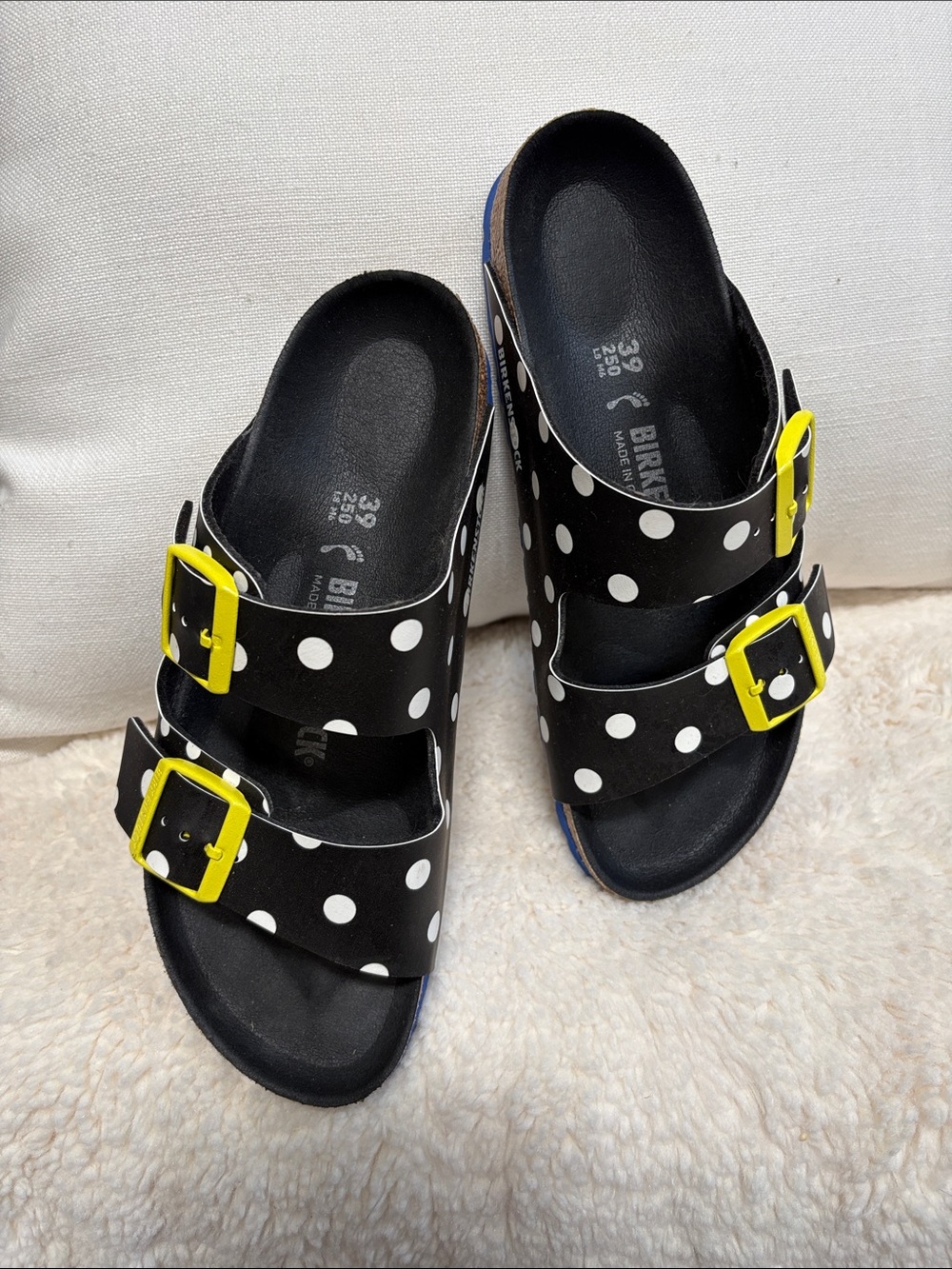 Birkenstock Black and White Polka Dot Sandals with Yellow Buckles Sz 39